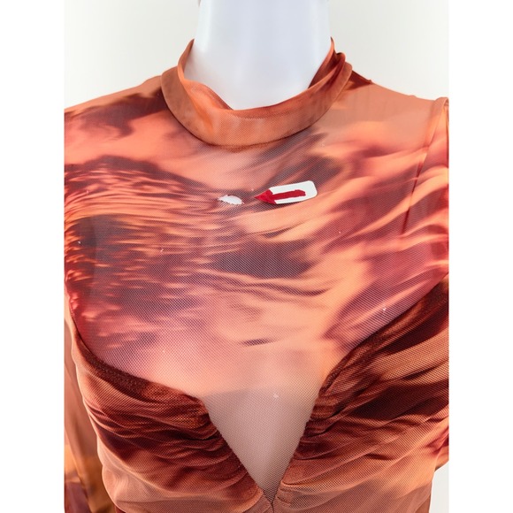 BLACK HALO Ruched Mesh Maxi Dress Sunset Cloud Print Mock Neck Slit Size 12 - Picture 5 of 9